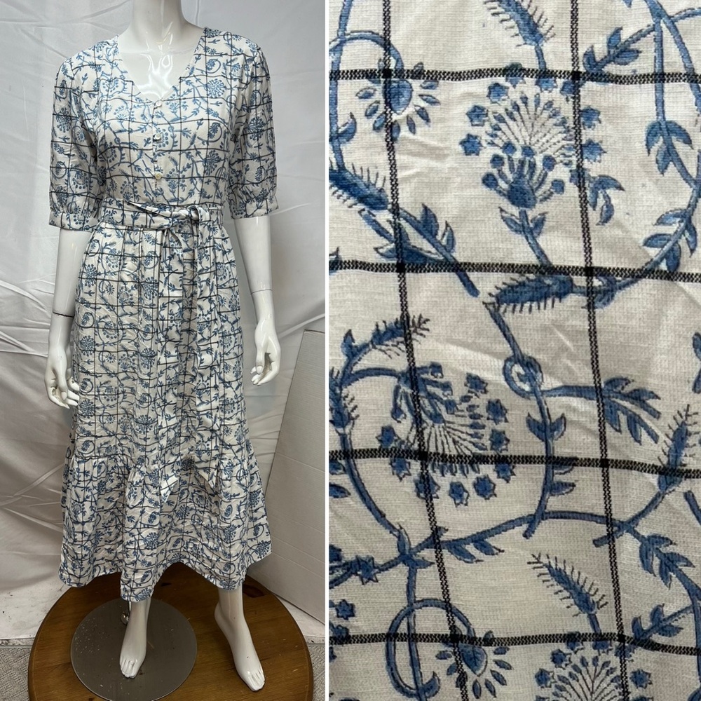 Uncle Frank Small White Blue China Pattern Half Sleeve Belted Midi Dress Anthro - Picture 8 of 9